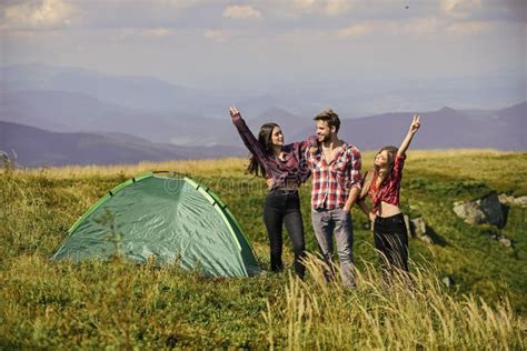 Happiness Concept Hiking Activity Friends Set Up Tent On Top Mountain