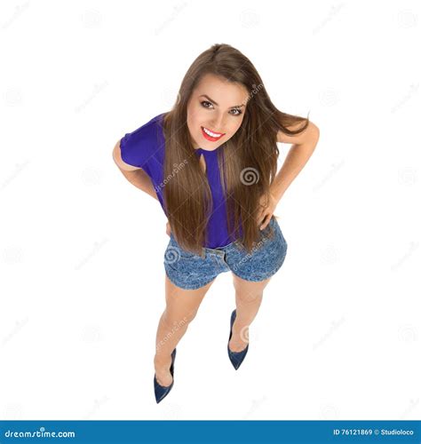 Woman Looking Up High Angle View Stock Image Image Of Shorts View