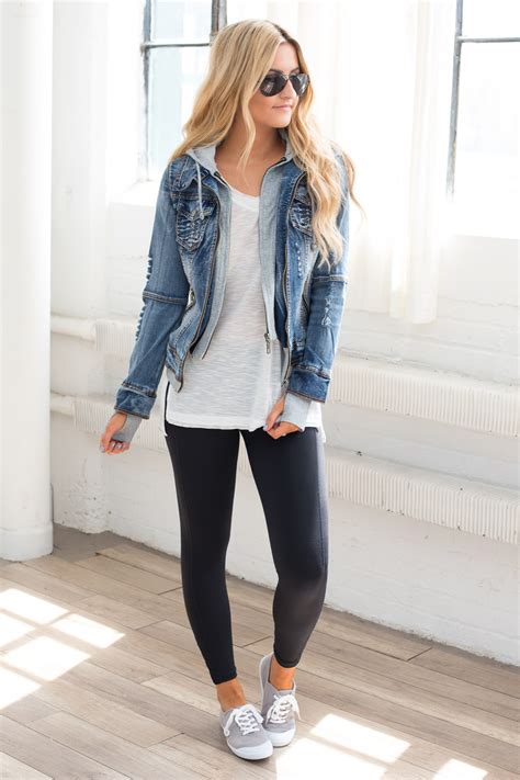 Sweatshirt Hooded Denim Jacket Medium Wash Outfits With Leggings