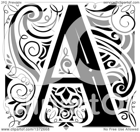 Clipart Of A Black And White Vintage Letter A Monogram Royalty Free
