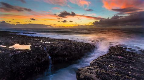 Wallpaper Sunlight Sunset Sea Bay Rock Nature Shore Reflection