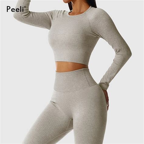 Peeli Ribbed Seamless Yoga Set Sport Suit Workout Clothes For Women Long Sleeve Gym Crop Top