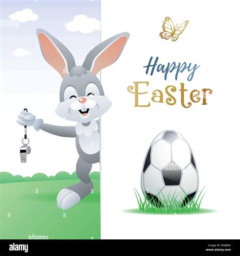 Happy Easter Sports Greeting Card Cute Rabbit With Soccer Egg And