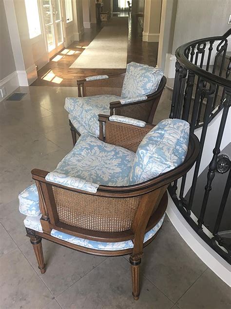 This kentwood solid wood dining chair embodies true rustic appeal with its characteristic ladder back frame created from reclaimed pine wood. Barrel Back Cane Chairs in Light Floral Blue, a Pair For ...