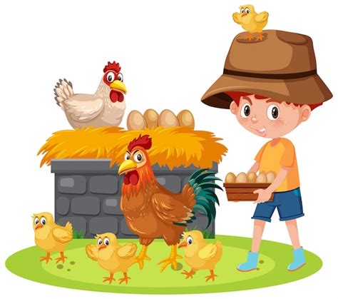 Scene With Boy Feeding Chickens On The Farm Premium Vector