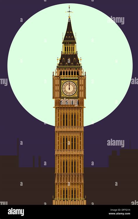 The London Landmark Big Ben Clock Tower At Midnight By A Full Moon