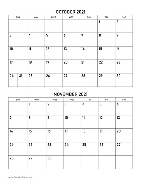 October And November 2021 Calendar Calendar Quickly