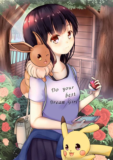 anime anime girls pokemon pokemon go pokemon trainers eevee pikachu long hair red eyes flowers