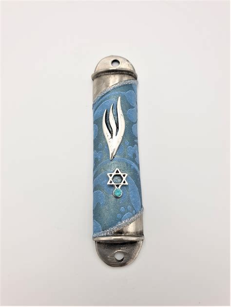 Buy Lily Art Mezuzah Made Of Striped Light Blue Pewter With Star Of