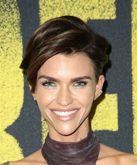 Ruby Rose Dark Brunette Pixie Cut With Side Swept Bangs