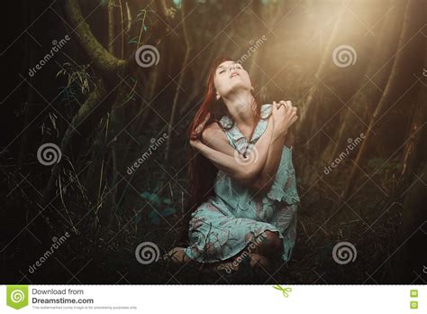 Redhaired Woman Alone In The Woods Stock Image Image Of Dark Hair