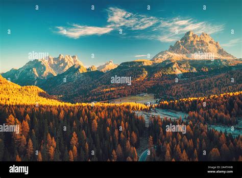 Aerial View Of Lago Antorno Dolomites Lake Mountain Landscape With