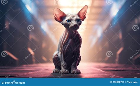 purebred pedigreed sphynx kitten with white hairless skin and blue eyes on stage in the