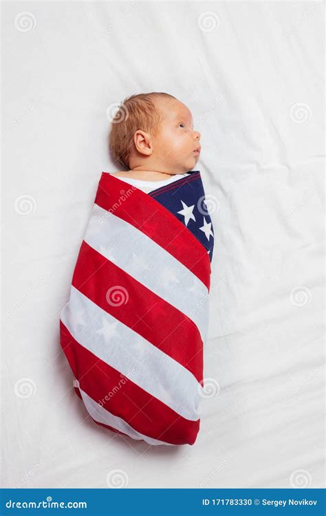 Little Calm Baby Infant Wrapped In Usa Flag Stock Photo Image Of July