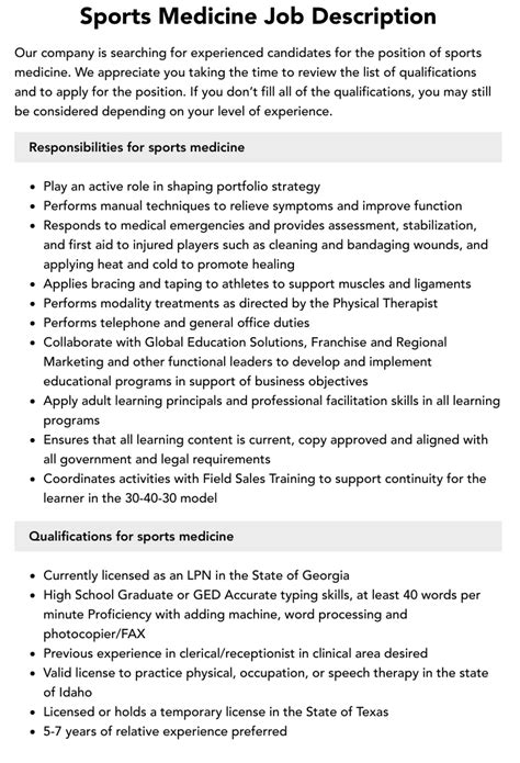 Sports Medicine Job Description Velvet Jobs