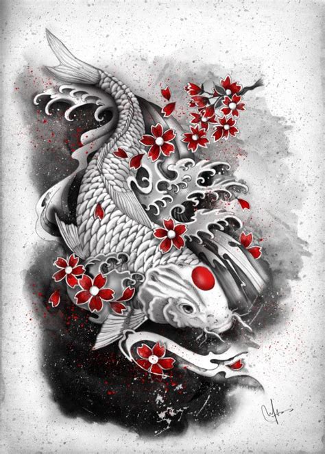 According to japanese mythology, koi fish are sometimes reincarnated as dragons in the afterlife. white koi and sakuras Japanese & Asian Poster Print ...