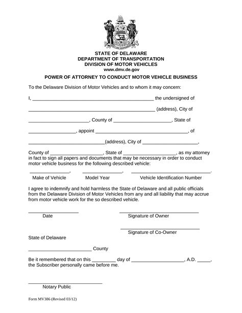 Free Delaware Motor Vehicle Power Of Attorney Form Mv 386 Pdf
