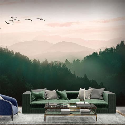 Custom Size Wallpaper Mural Foggy Green Mountain Landscape