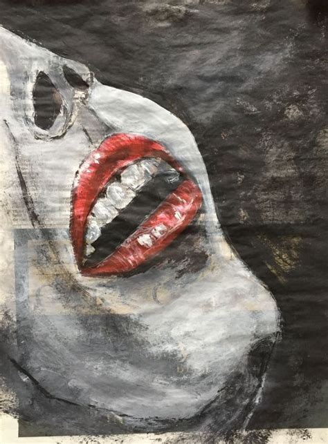 Lips Study I Red Lips Mouth Open Woman Face Portrait Original Artwork Realistic Lips Black And