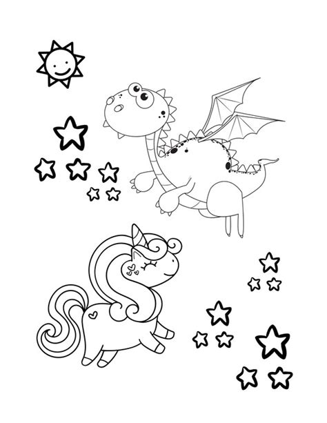 Fantasy Coloring Page Unicorn And Dragon And Stars Etsy