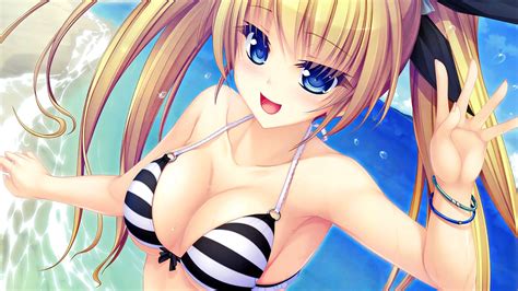 Long Hair Blonde Looking At Viewer Smiling Anime Beach Wallpaper X Px On