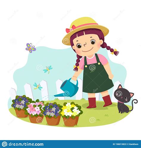 Cartoon Of A Little Girl Watering Plant Kids Doing Housework Chores At