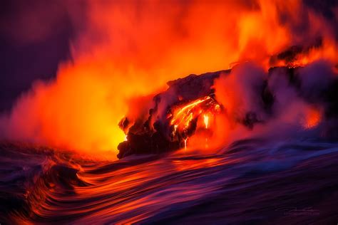 Tom Kualii Volcanic Eruption Volcano Sea Water Colorful Smoke Hawaii Nature Lava