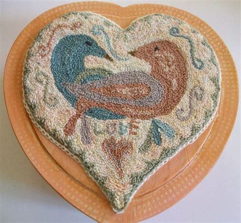 Primitive Punch Needle Valentine Birdies In Love On Painted Heart Box