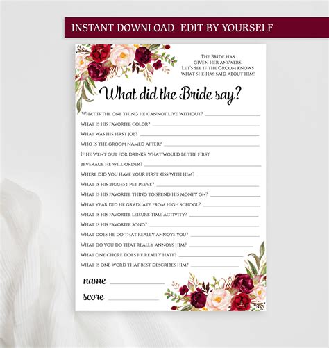 What Did The Bride Say Editable Pdf Game Template Printable Etsy