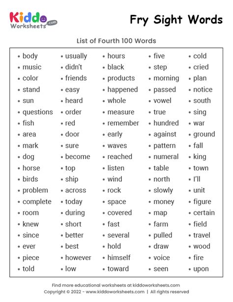 Free Printable Fry Sight Words List 4 Worksheet Kiddoworksheets