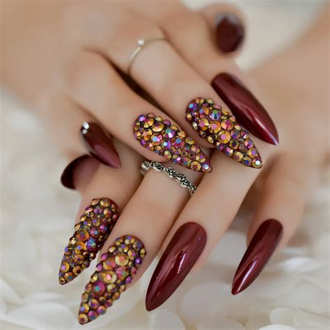 extra long nail tips stiletto rhinestone designer press on nails dark red shiny surface