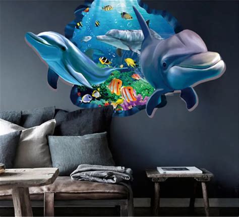 3d Ocean Seaview Removable Vinyl Decal Wall Stickers Dolphin Art Mural