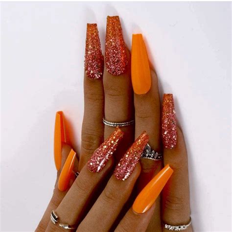 Glue On Nails Orange Glitter Long Coffin Nails Ombre Nails Etsy