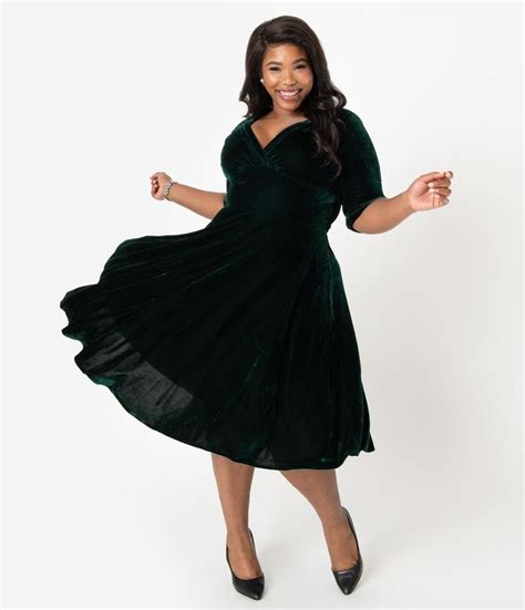unique vintage plus size 1950s emerald green velvet delores swing dress with sleeves swing
