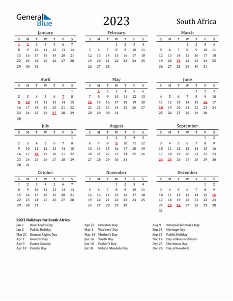 2023 South Africa Calendar With Holidays