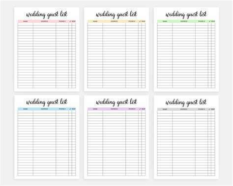 Printable Wedding Guest List Wedding Planner Event Planning Etsy