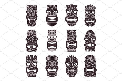 Monochrome Vector Illustrations Set Of Tribal God Tiki Graphics ~ Creative Market