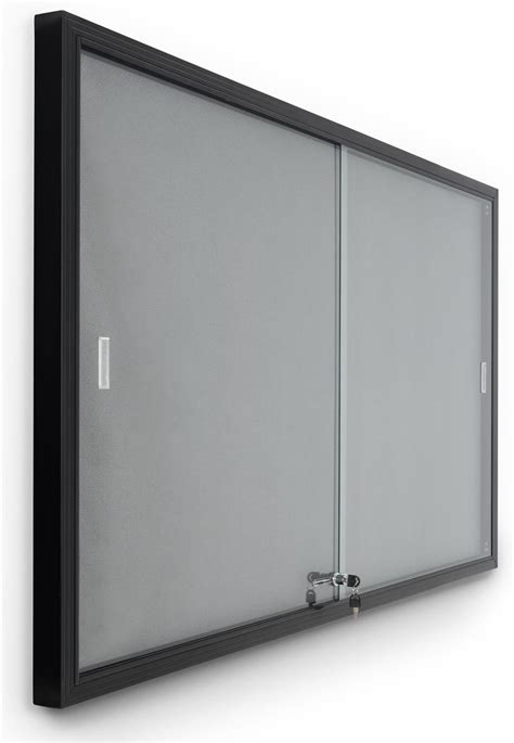 60 X 36 Enclosed Bulletin Board With 2 Locking Sliding Doors Black With Gray Fabric Sliding