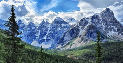 Landscape Nature Mountain Forest Snowy Peak Clouds Pine Trees