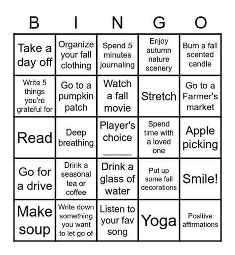 Fall Self Care Bingo Card