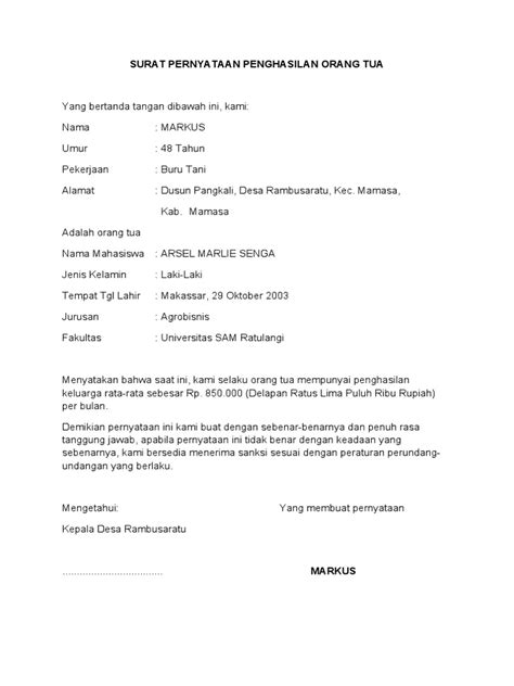 Surat Pernyataan Penghasilan Orang Tua Pdf