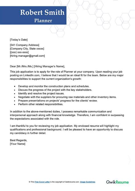 Planner Cover Letter Examples Qwikresume