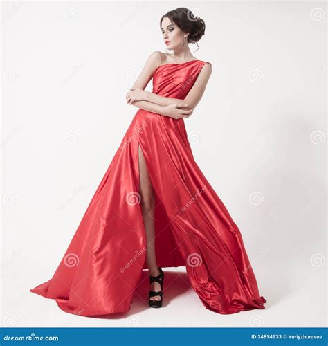 Young Beauty Woman In Fluttering Red Dress White Background Stock