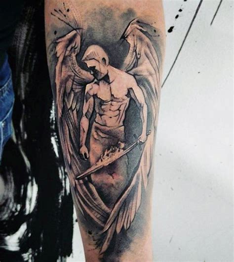 Black And Grey Ink Guardian Angel With Sword Tattoo On Forearm
