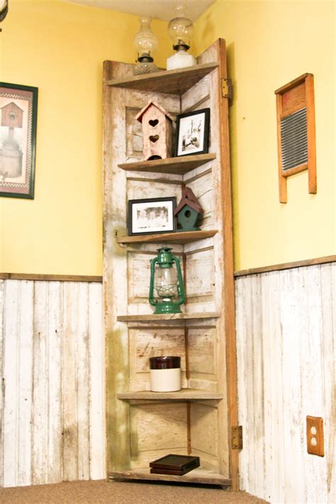 A Old Door Made Into A Rustic Corner Shelf For My Kitchen Recycling