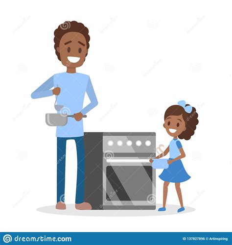 Padre E Hija Que Cocinan La Cena O El Almuerzo En Casa Ilustración Del