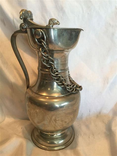 Rare Collectible Jpj Geneve Pewter Metal Lidded Pitcher With Ram Heads