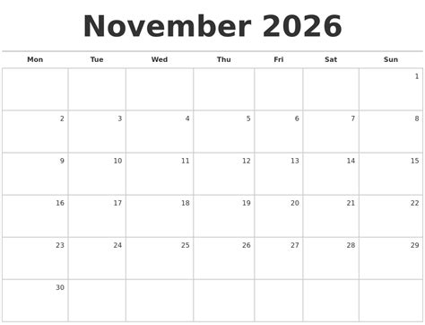 November 2026 Blank Monthly Calendar Gambaran