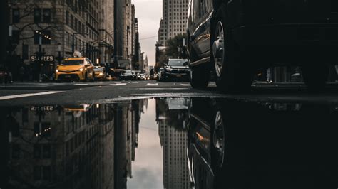 Street Puddle Reflection Cars Buildings Asphalt 4k Hd Wallpaper