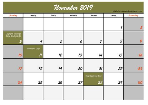 Best November 2019 Calendar Printable With Holidays Calendar Template